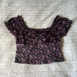 Wild Fable Black Pink Floral Satin Puff Sleeve Off Shoulder Cropped Top Bardot